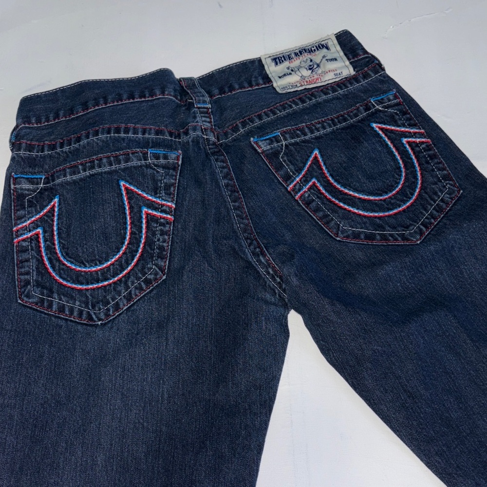 Men's TRUE RELIGION STRAIGHT LEG Dark Blue Jeans with accent trim - Picture 3 of 10